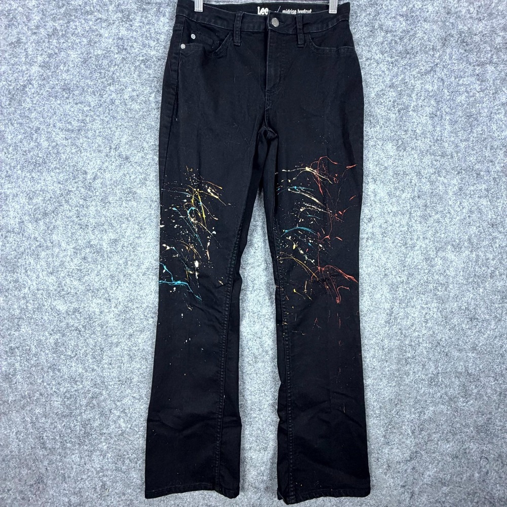 Lee Riders Jeans Women 28 Black Denim Paint Splatter Mid Rise Bootcut Streetwear